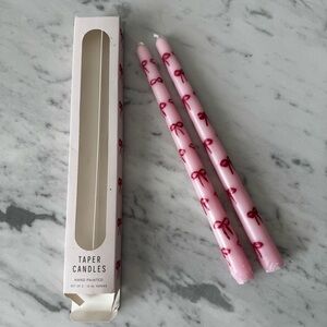 Anthropologie Taper Candles Red Hand Painted Bows on Bubblebath Pink Set of 2